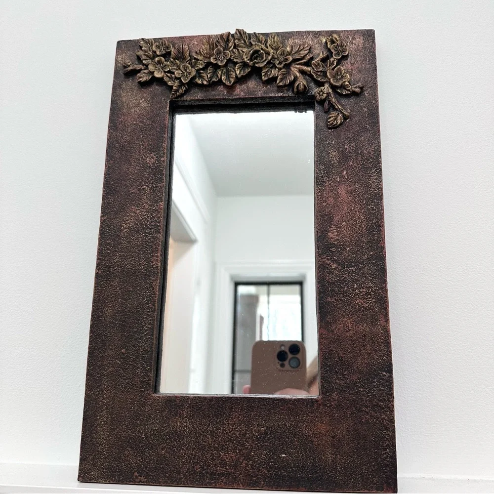Vintage Rustic Bronze Floral Accent Wall Mirror 9 X 14” Framed Forged Flowers